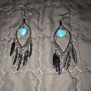 Blue and Silver Dangling Earrings with Turquoise Stone and Feather Charms